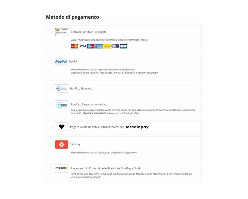 Esempi di metodi di pagamento offerti